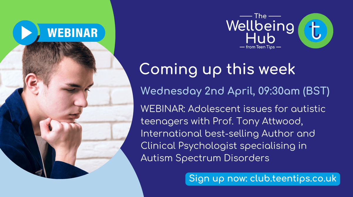 This Wednesday 2nd April at 9:30am, our partners <a href="/WellbeingHubTT/">The Wellbeing Hub - Teen Tips</a> are hosting a Webinar: Adolescent issues for autistic teenagers with Prof. Tony Attwood, International best-selling Author and Clinical Psychologist specialising in Autism Spectrum Disorders🔽