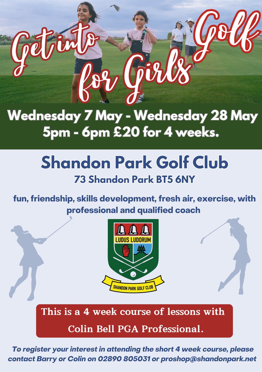 🏌️‍♀️ Girls, it's time to Get Into Golf ⛳️ Join our 4-week course at Shandon Park Golf Club with PGA Pro Colin Bell

📅 7 May - 28 May
⏰ 5 PM - 6 PM
💷 £20 for 4 weeks
Fun, friendship &amp; skill-building—sign up today! 🎉
📞 02890 805031 | 📧 proshop@shandonpark.net

#GirlsIntoGolf