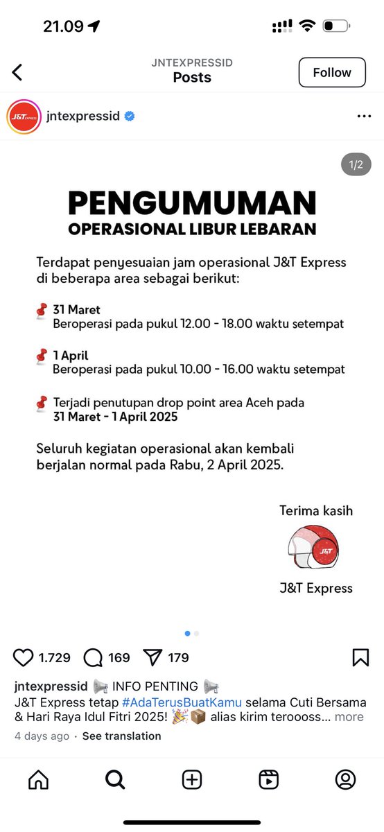 fadhtusa's tweet photo. @chandrikaDeo @jntexpressid Wakakak w br sadar di post X nya dia ngga eksplisit yak. Kalo di IG eksplisit lur bilangnya tetep operasional 🥲 https://t.co/dUVqHtJBx8