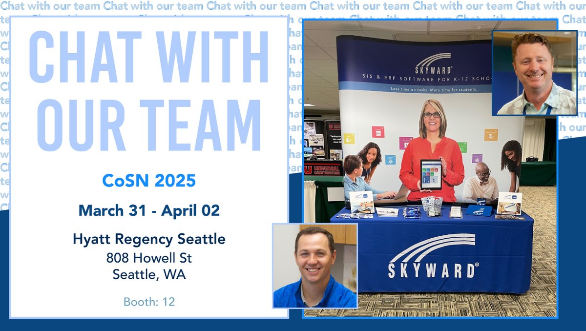 #CoSN2025 is HERE! <a href="/ChrisC_Skyward/">Chris Casey</a> and <a href="/JordanR_skyward/">Jordan Roberts</a> are looking forward to impactful connections and great conversations in the exhibit hall. 👋

Pay a visit to booth 12 to say hi, snag a fun freebie or two, and ask your burning #EdTech questions!

<a href="/CoSN/">CoSN</a> #SIS #ERP