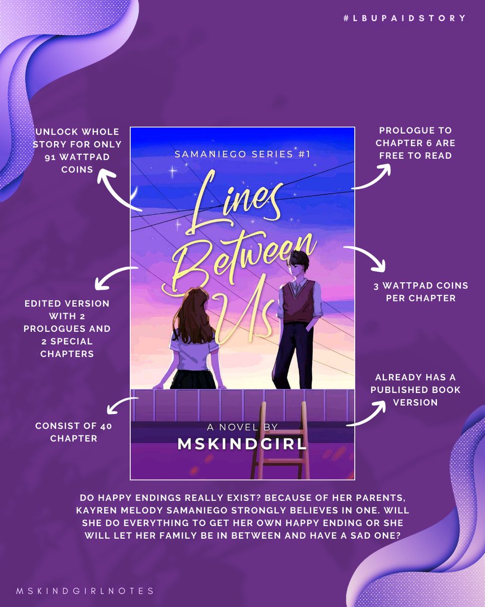 MsKindGirlNotes's tweet photo. 𝐃𝐨 𝐡𝐚𝐩𝐩𝐲 𝐞𝐧𝐝𝐢𝐧𝐠𝐬 𝐫𝐞𝐚𝐥𝐥𝐲 𝐞𝐱𝐢𝐬𝐭? 𝐓𝐡𝐞𝐲 𝐰𝐢𝐥𝐥 𝐡𝐚𝐯𝐞 𝐭𝐨 𝐟𝐢𝐠𝐡𝐭 𝐟𝐨𝐫 𝐭𝐡𝐞𝐢𝐫 𝐟𝐨𝐫𝐛𝐢𝐝𝐝𝐞𝐧 𝐥𝐨𝐯𝐞. Samaniego Series #1: Lines Between Us (Kayren and Zairus' story) is part of Wattpad Paid Stories Program. 🎀💗

#LBUPaidStory https://t.co/w7rQ8cFJvN