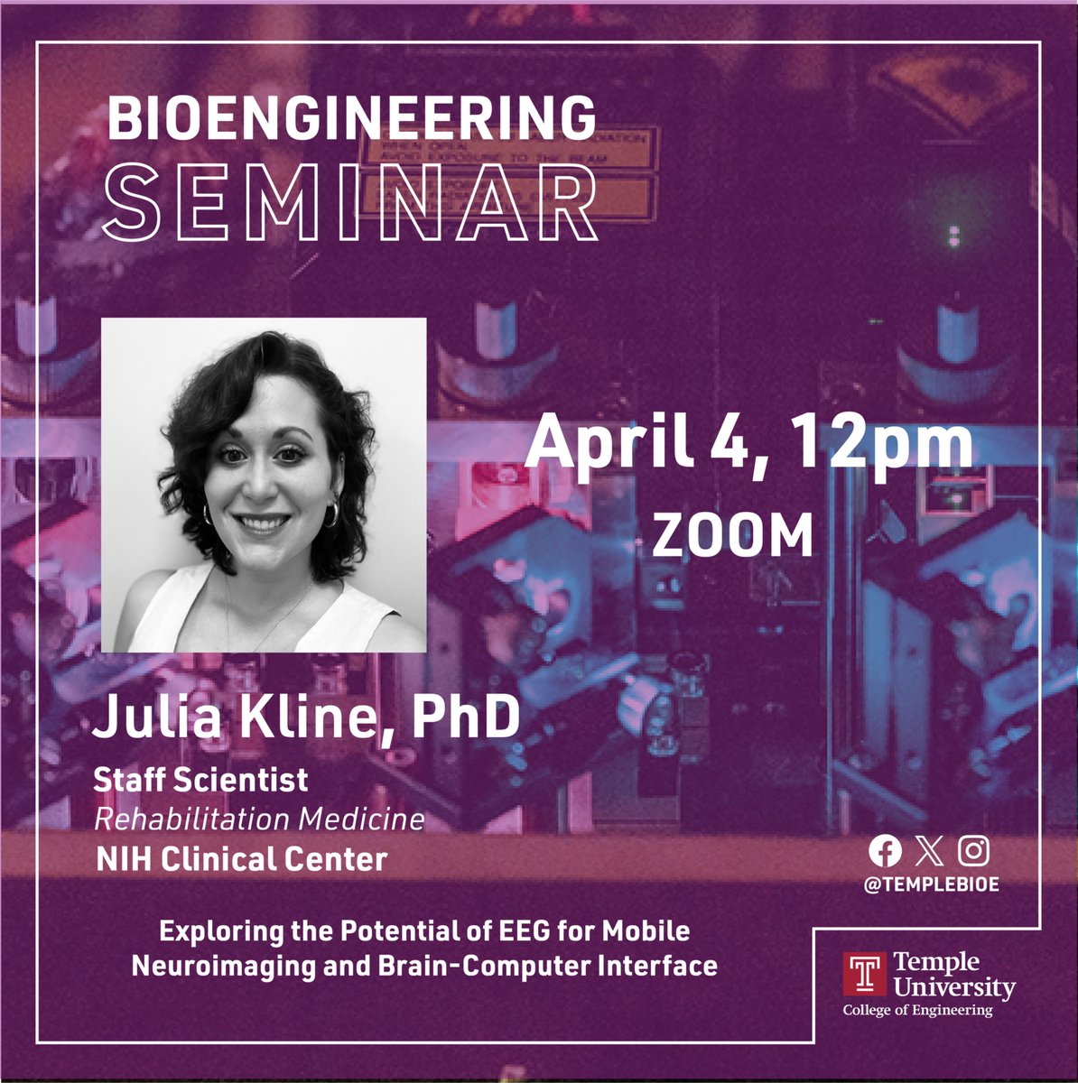 Temple Bioengineering (@templebioe) on Twitter photo Please join us Friday April 4, at 12noon over ZOOM for a
<a href="/templebioe/">Temple Bioengineering</a> seminar by Dr. Julia Kline, Staff Scientist <a href="/NIHClinicalCntr/">NIH Clinical Center</a>! Her seminar title is: Exploring the Potential of EEG for Mobile Neuroimaging and Brain-Computer Interface. Please join us Friday April 4, at 12noon over ZOOM for a
<a href="/templebioe/">Temple Bioengineering</a> seminar by Dr. Julia Kline, Staff Scientist <a href="/NIHClinicalCntr/">NIH Clinical Center</a>! Her seminar title is: Exploring the Potential of EEG for Mobile Neuroimaging and Brain-Computer Interface.