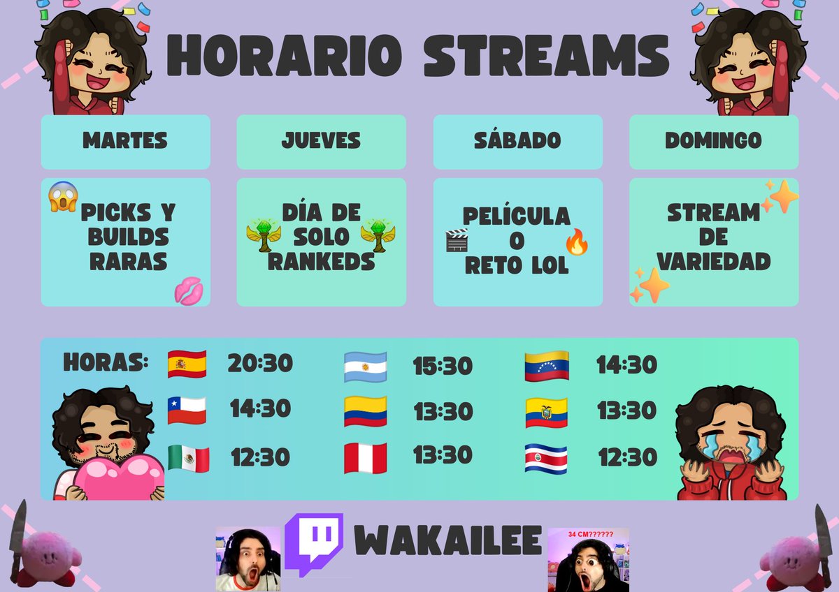 ✨NUEVO HORARIO DE STREAMS✨
A partir de mañana cada día vamos a hacer algo distinto y divertido, además de volver las reacciones a los vídeos de risa del server de dc 😳
También tenéis las horas a las que empiezan los directos en cada país 💗