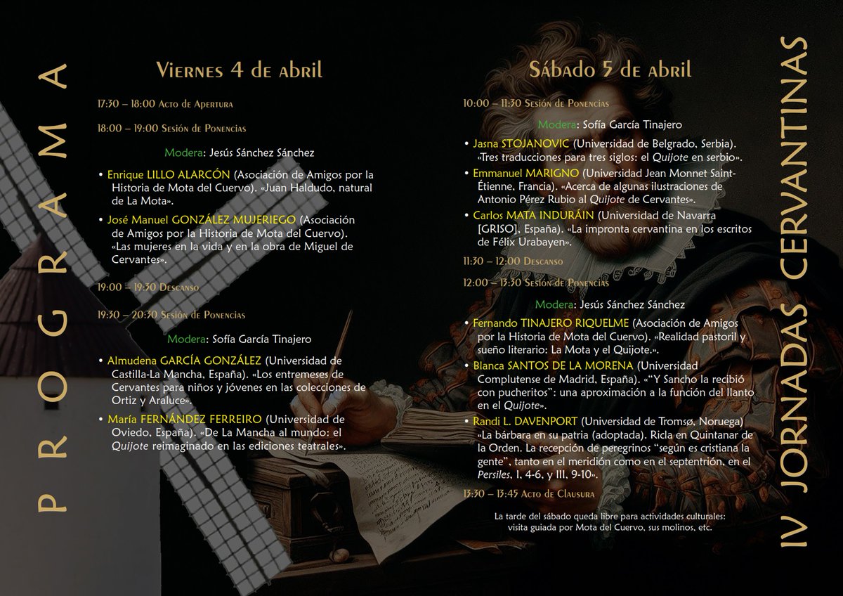 Los próximos 4 y 5 de abril, tendremos las IV Jornadas Cervantinas "Juan Haldudo" que este año versarán sobre el tema "Mota del Cuervo, tras la huella de Cervantes".  Estáis todos invitados a las charlas. #Cervantes #MotadelCuervo #JornadasCervantinas #villacervantina
