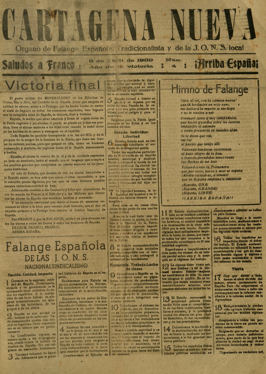 Tal día como hoy, en 1939, finalizó la guerra civil española. En la imagen podéis ver la portada del primer número de la etapa franquista del diario Cartagena Nueva (con fecha de 3 de abril de 1939).
