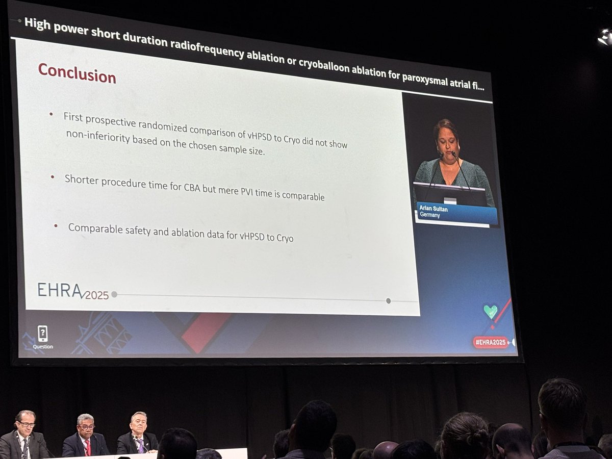JK Han MD (@netta_doc) on Twitter photo 🔥 LBCT #EHRA2025 🔥
<a href="/AriSultanEP/">Arian Sultan</a> #WomeninEP opening with HIPAF Trial:
High power short duration RFA vs cryo for paroxysmal #AFib
(1st prospective RCT)
📍similar PVI times
📍vHPSD was NOT non-inferior to cryo (likely 2/2 sample size)
📍 no difference in safety 🔥 LBCT #EHRA2025 🔥
<a href="/AriSultanEP/">Arian Sultan</a> #WomeninEP opening with HIPAF Trial:
High power short duration RFA vs cryo for paroxysmal #AFib
(1st prospective RCT)
📍similar PVI times
📍vHPSD was NOT non-inferior to cryo (likely 2/2 sample size)
📍 no difference in safety