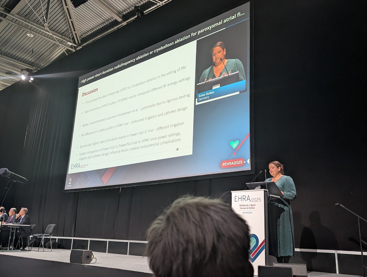 Cardiac Rhythm News (@crn_publishing) on Twitter photo On day two at #EHRA25, <a href="/AriSultanEP/">Arian Sultan</a> presents HIPAF study data showing that high-power, short-duration RF ablation was unable to achieve non-inferiority versus cryoablation in terms of efficacy outcomes, despite comparable safety findings between the two approaches
<a href="/EuropaceEiC/">Europace Editor-in-Chief</a> On day two at #EHRA25, <a href="/AriSultanEP/">Arian Sultan</a> presents HIPAF study data showing that high-power, short-duration RF ablation was unable to achieve non-inferiority versus cryoablation in terms of efficacy outcomes, despite comparable safety findings between the two approaches
<a href="/EuropaceEiC/">Europace Editor-in-Chief</a>