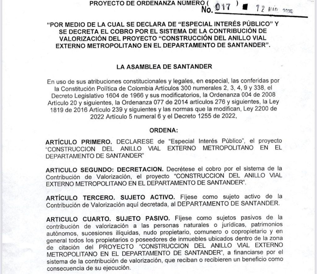 Piedecuestanos y Gironeses con tristeza les cuento que fue aprobado el impuesto por valoración para sus municipios por la obra del anillo vial externo metropolitano. 
Mi voto fue negativo pero la coalición mayoritaria de Juvenal votó positivo y lo aprobaron