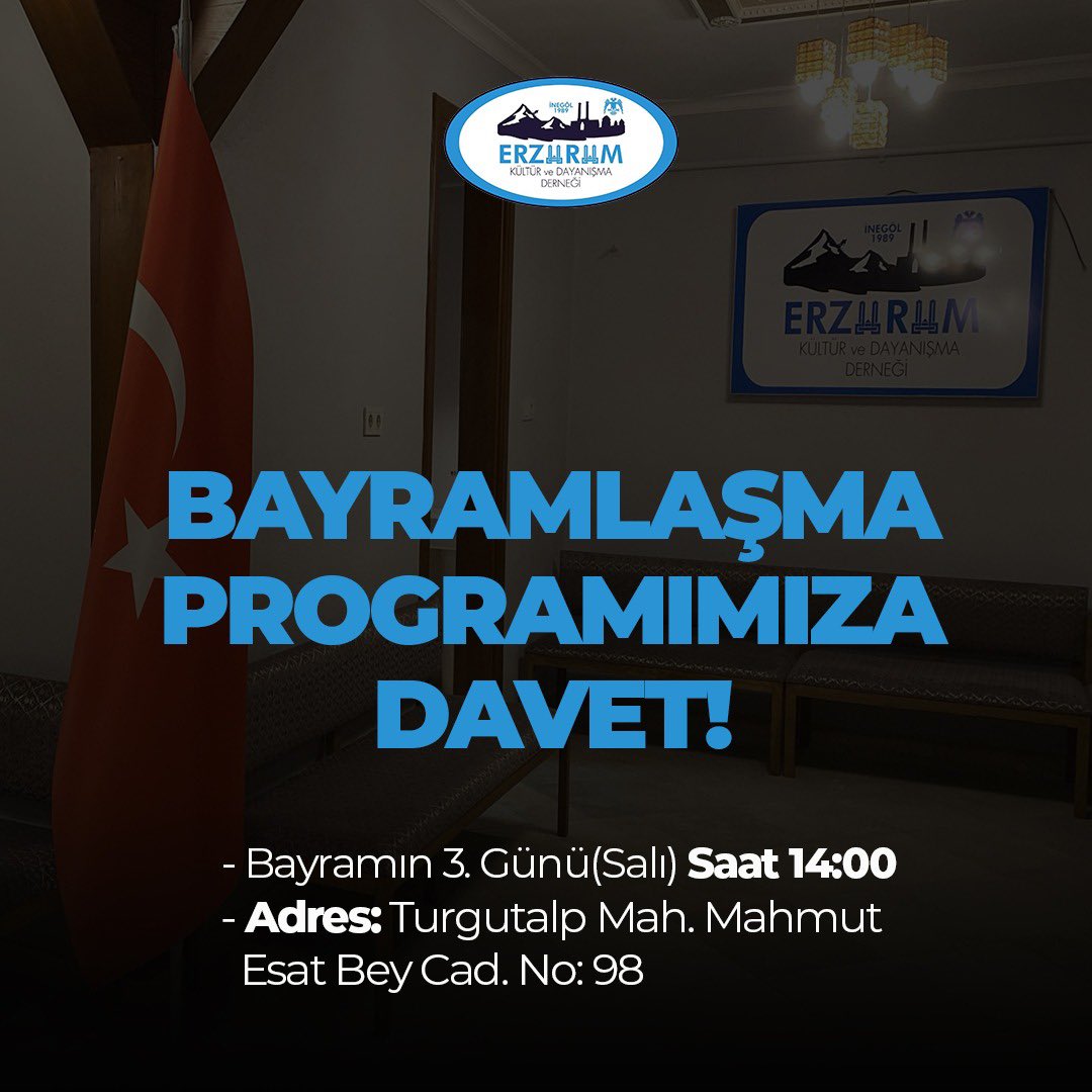 Bayramın üçüncü günü (Salı, saat 14:00'te) yeni dernek lokalimizde gerçekleştireceğimiz bayramlaşma programında sizleri aramızda görmekten büyük mutluluk duyacağız.
📍 Adres: Turgutalp Mah. Mahmut Esat Bey Cad. No:98
Tüm hemşehrilerimizi bekliyoruz! 🌙✨
#RamazanBayramı