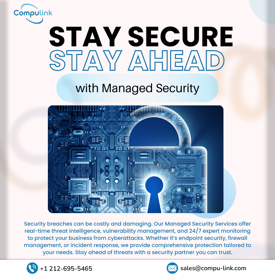 CompulinkTech's tweet image. With cyber threats on the rise, businesses need proactive security solutions. Our Managed Security Services provide real-time threat intelligence, vulnerability management, and 24/7 monitoring to keep you protected.
 sales@compu-link.com
  +1 212-695-5465
#Compulink #DataSecurity