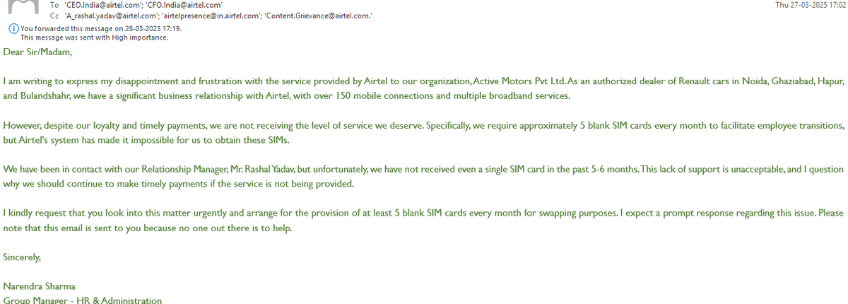 Ajay5884's tweet image. I want to let everyone know that a telecom company, Airtel, that boasts of being the number one in telecom is too responsible that they can't even reply to their corporate customers, forget the solution. 
#AirtelIndia #CustomerServiceFailure #Unacceptable