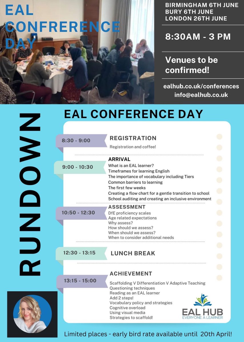 Good afternoon!

I am delighted to be bringing EAL conferences back this summer term, after the success of the last ones. We have dates available in London, Birmingham and Bury currently (venue to be confirmed once we have firmer numbers)

If EAL is on your agenda this year, or