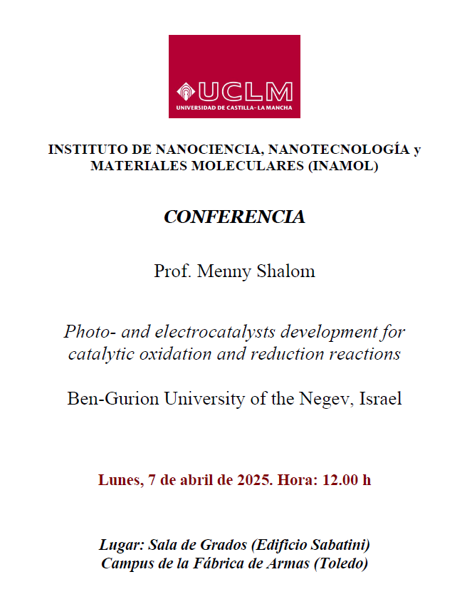 📢Don't miss the chance to attend a fascinating conference! On April 7th, we look forward to seeing you at the lecture by the renowned Professor Menny Shalom on photocatalysis. We hope to see you there! 
<a href="/MolToledo/">MatMolToledo</a> <a href="/MAmbBioquimUCLM/">Facultad CC. Ambientales y Bioquímica - UCLM 🥼🥾</a> <a href="/uclm_es/">Universidad de Castilla-La Mancha</a>