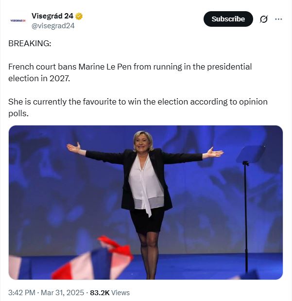 ZavierIndia's tweet image. Marie Le Pen, the next sure-shot President of France, to replace immigrant-loving Macron, has been banned.