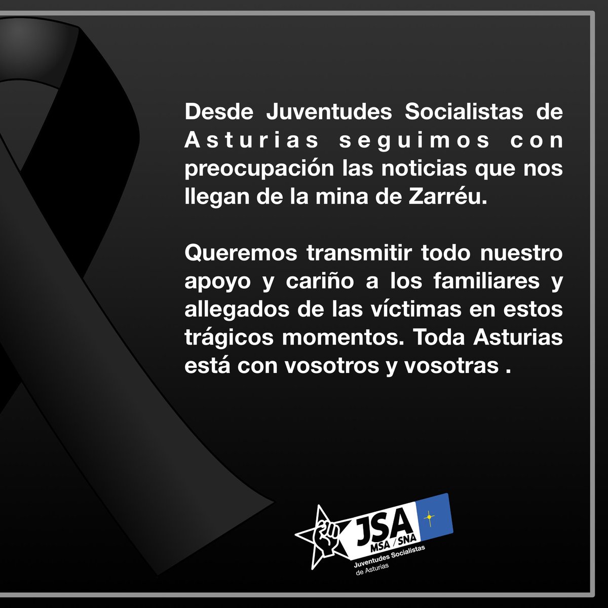 JS_Asturias's tweet photo. ⚫️Desde JSA seguimos con preocupación las noticias que nos llegan de la mina de Zarréu.

⚫️Queremos transmitir todo nuestro apoyo y cariño a los familiares y allegados de las víctimas en estos trágicos momentos. Toda Asturias está con vosotros y vosotras . https://t.co/OjZcP1FhG0