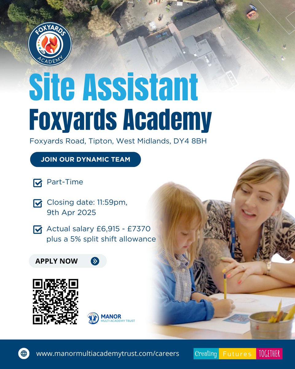 We’re hiring! 📢 Explore our current ‘Site Assistant’ vacancy at Foxyards Academy, scan the QR code or click the link in our bio to apply. We look forward to receiving your application!