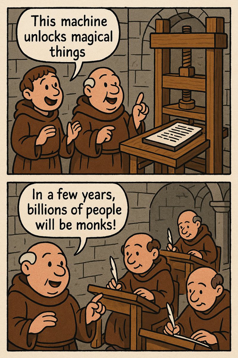 fabianstelzer's tweet image. this gpt4o cartoon about the printing press captures the the vibe I’m getting from “everyone will be a coder”