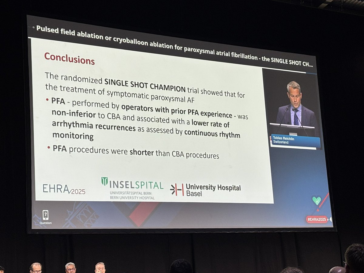 JK Han MD (@netta_doc) on Twitter photo 🔥 LBCT #EHRA2025🔥
SINGLE SHOT CHAMPION
<a href="/TobiasReichlin/">Tobias Reichlin</a>
📍pentaspline #PFA was non inferior to cryo (& 0.046 for superiority) for PAF
📍arrhythmia recurrence was lower (all had ICM implanted)
📍procedure times lower
#SimPub in @nejm - read more 🔗:
nejm.org/doi/full/10.10… 🔥 LBCT #EHRA2025🔥
SINGLE SHOT CHAMPION
<a href="/TobiasReichlin/">Tobias Reichlin</a>
📍pentaspline #PFA was non inferior to cryo (& 0.046 for superiority) for PAF
📍arrhythmia recurrence was lower (all had ICM implanted)
📍procedure times lower
#SimPub in @nejm - read more 🔗:
nejm.org/doi/full/10.10…