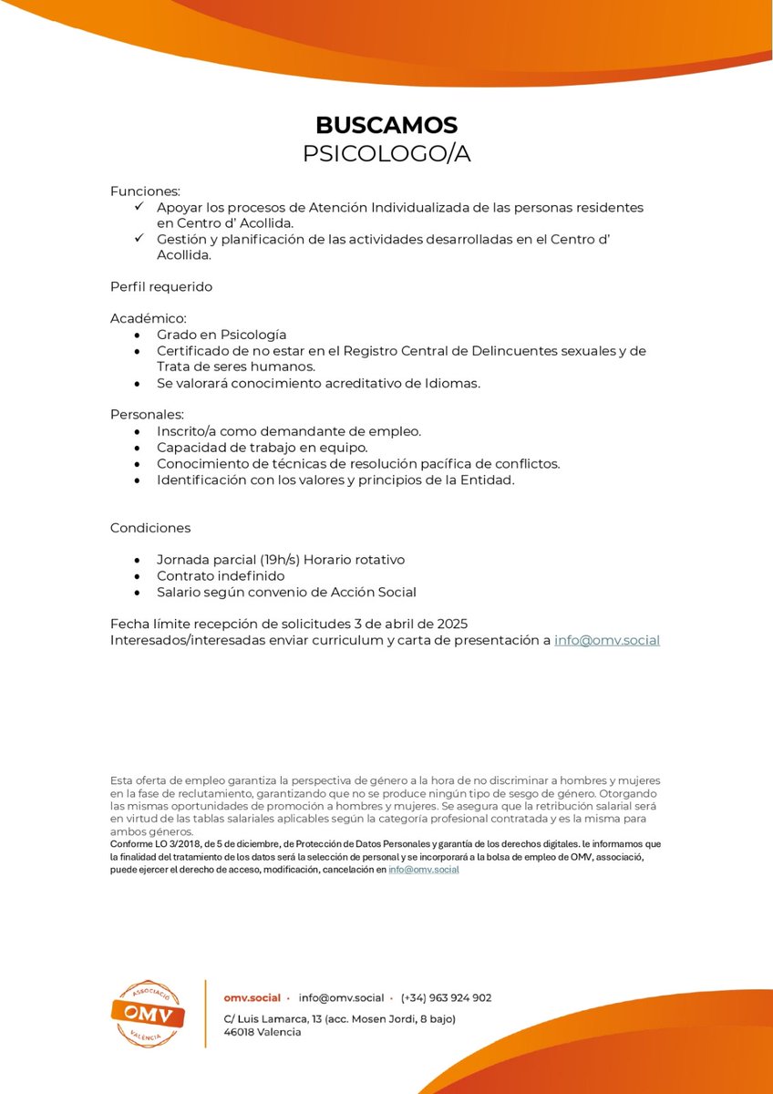 OFERTA DE EMPLEO EN OMV - BUSCAMOS PSICOLOGO/A