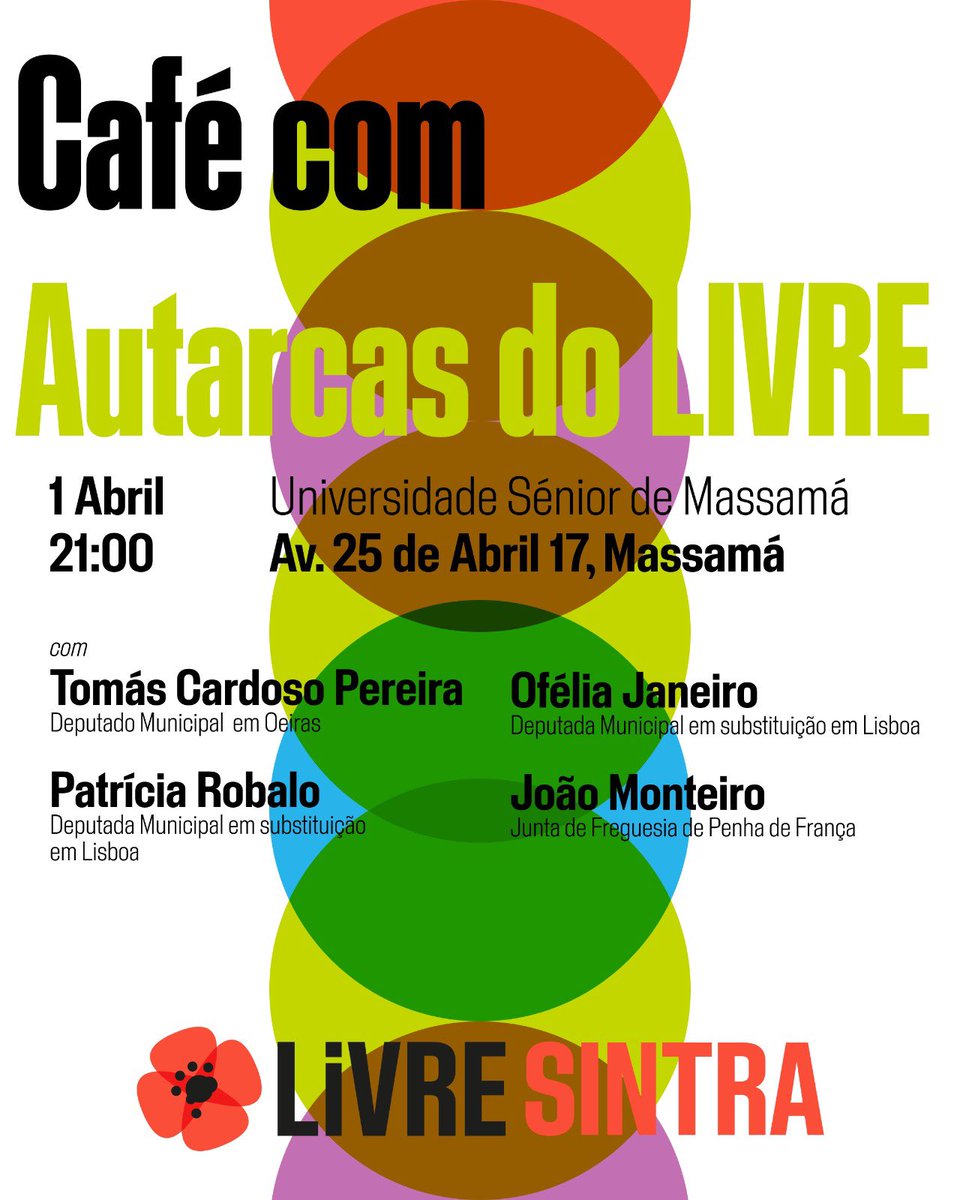 O Café com Autarcas do LIVRE está quase aí! Com <a href="/TomasCPereira/">Tomás Cardoso Pereira</a> , <a href="/robalorpatricia/">Patrícia Robalo</a> , Ofélia Janeiro e <a href="/JFLMonteiro/">Joao Monteiro</a>.

Vem tomar um café, conversar, aprender e partilhar ideias com os autarcas do LIVRE. 1 de Abril, terça-feira, às 21h na Universidade Sénior de Massamá. Participa!