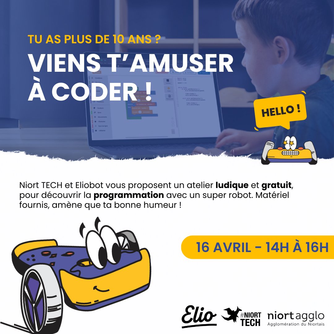 Niort TECH (@niort_tech) on Twitter photo Vous cherchez une activité éducative et amusante pour un(e) jeune de plus de 10 ans ?
Découvrez nos ateliers gratuits de robotique et de codage avec Eliobot !🤖
📅16 avril, 14h-16h à la Pépinière d’Entreprises
Inscription ➡ bit.ly/4eZ96Hz
<a href="/NiortAgglo/">Niort Agglo</a> #code #robot Vous cherchez une activité éducative et amusante pour un(e) jeune de plus de 10 ans ?
Découvrez nos ateliers gratuits de robotique et de codage avec Eliobot !🤖
📅16 avril, 14h-16h à la Pépinière d’Entreprises
Inscription ➡ bit.ly/4eZ96Hz
<a href="/NiortAgglo/">Niort Agglo</a> #code #robot