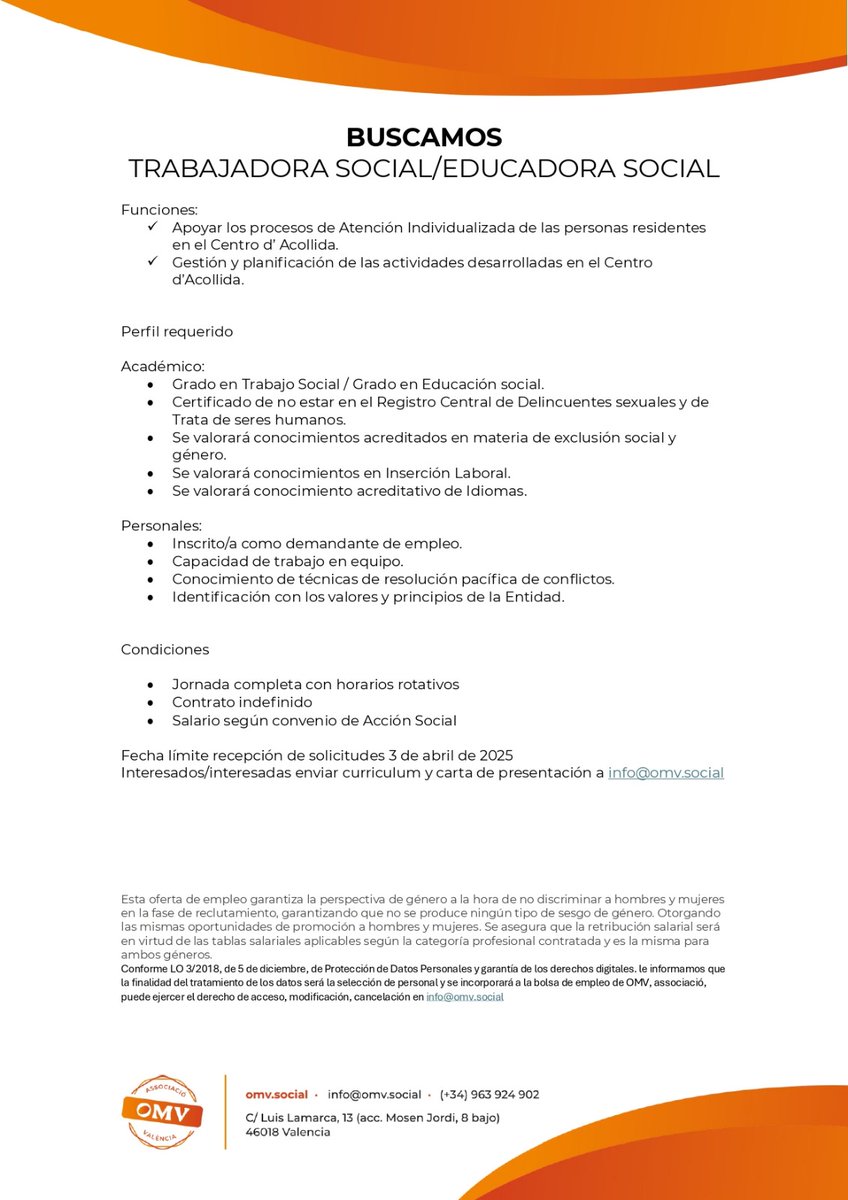 OFERTA DE EMPLEO - TRABAJADOR/A SOCIAL / EDUCADOR/A SOCIAL