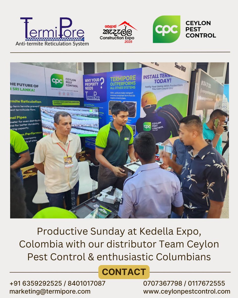 termipore's tweet photo. Productive Sunday at Kedella Expo, Colombia with Ceylon Pest Control.

To know more call us at:
+91-6359292525 / 8401017087
marketing@termipore.com

[ Termipore, termite, anti-termite, soil treatment, pipe, porous pipe, termipore pipe, construction, building, pesticides, pest,] https://t.co/lorXiLrSDx