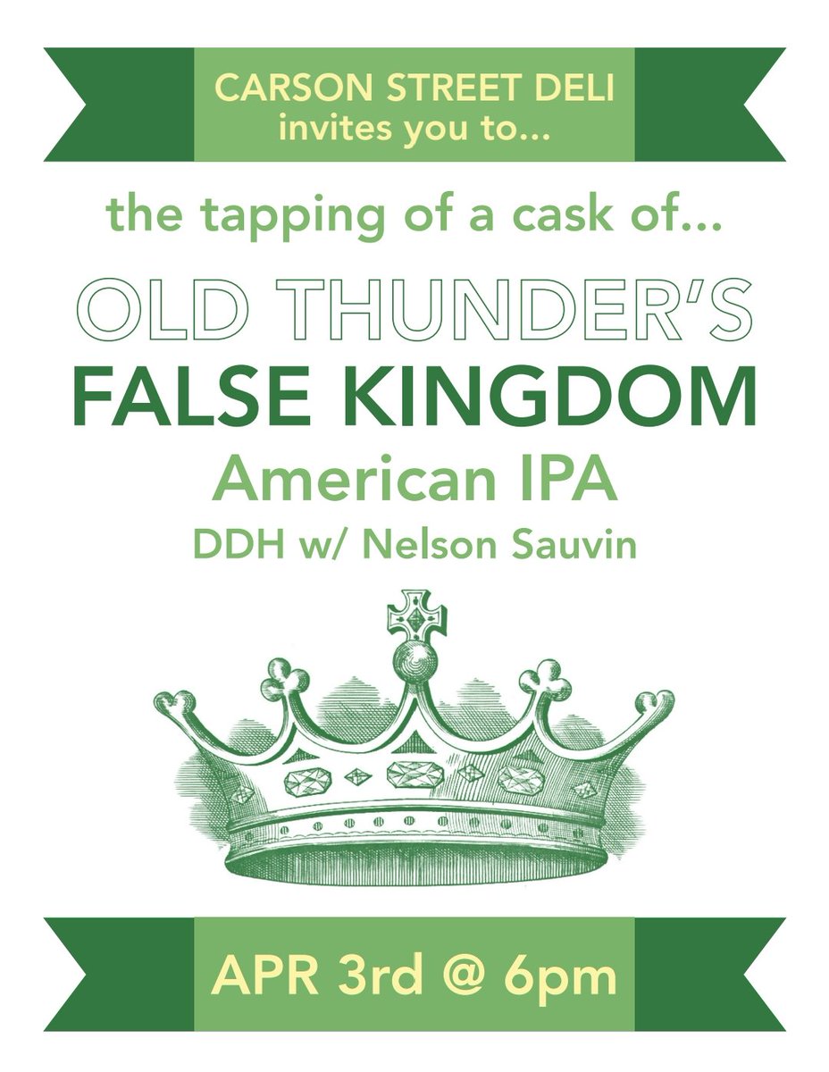 Carson Street Deli (@bestbrewdeli) on Twitter photo This Thursday night! Come get your cask on! <a href="/OldThunderBrew/">Old Thunder Brewing Co.</a> "False Kingdom" IPA Double Dry Hopped w/ Nelson Sauvin. Tapping this beautiful pin (small firkin) at 6pm sharp. 🍻 This Thursday night! Come get your cask on! <a href="/OldThunderBrew/">Old Thunder Brewing Co.</a> "False Kingdom" IPA Double Dry Hopped w/ Nelson Sauvin. Tapping this beautiful pin (small firkin) at 6pm sharp. 🍻