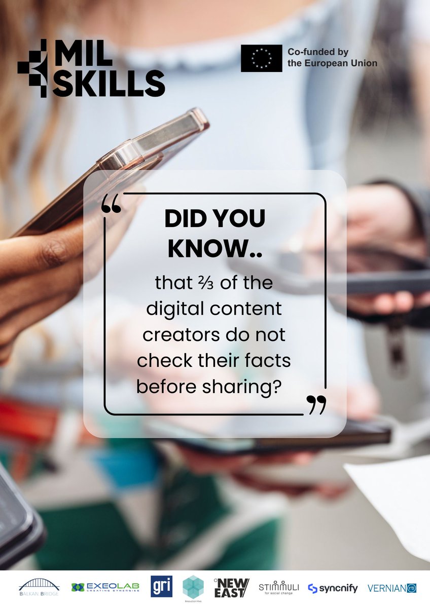 📢 Did You Know? 2 in 3 digital creators DON’T fact-check before sharing! 😱 In the age of viral misinformation, think before you share.💡 Be part of the solution! Learn to verify info 👉 milskills.eu
#milskills #medialiteracy #ErasmusPlus