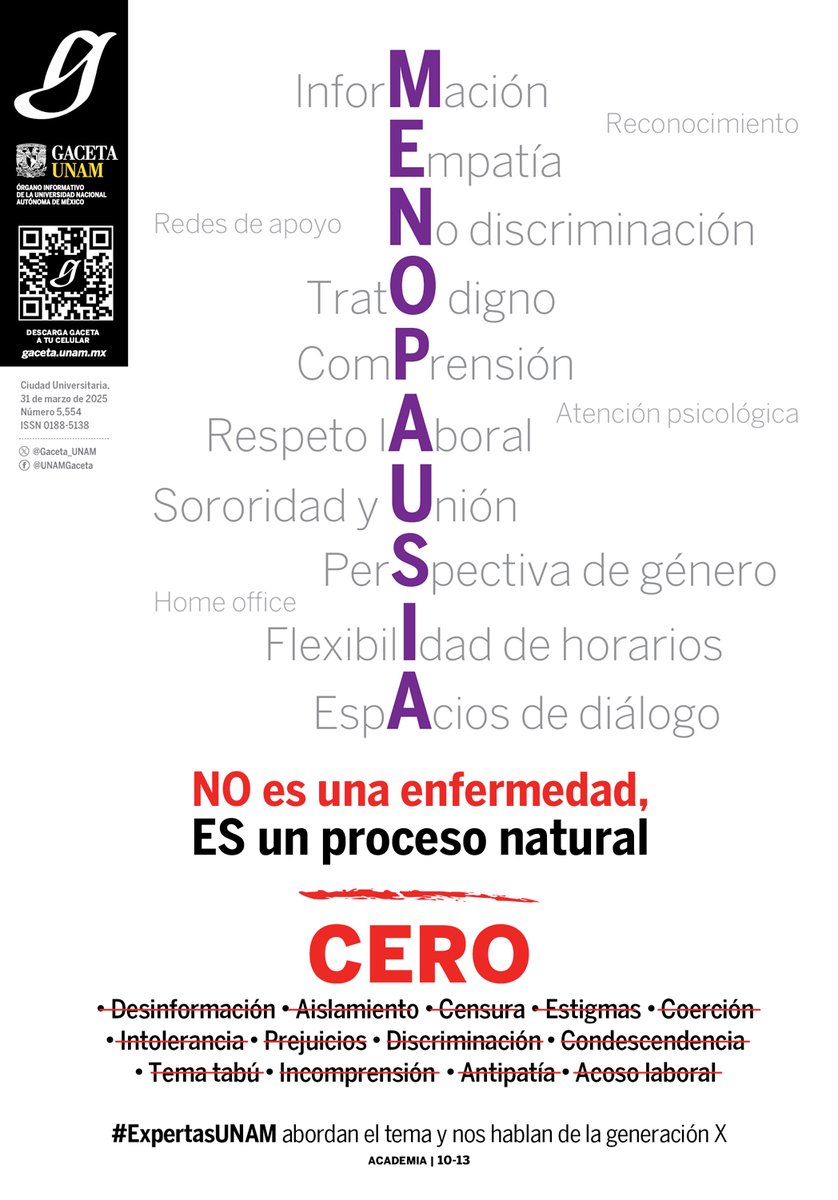 En #Portada

- La menopausia no es una enfermedad, es un proceso natural que requiere empatía, no discriminación.

- #ExpertasUNAM abordan el tema y además nos hablan de la #GeneraciónX.

gaceta.unam.mx/la-menopausia-…