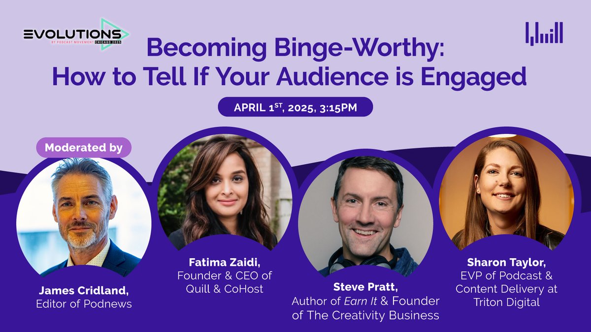 Quill Inc (@inc_quill) on Twitter photo Heading to <a href="/PodcastMovement/">Podcast Movement</a> Evolutions?
Join us tomorrow for "Becoming Binge-Worthy," where we cover:
-The engagement metrics that matter
-How to turn passive listeners into dedicated fans
-Creative production techniques to make your podcast binge-worthy
#evolutions2025 Heading to <a href="/PodcastMovement/">Podcast Movement</a> Evolutions?
Join us tomorrow for "Becoming Binge-Worthy," where we cover:
-The engagement metrics that matter
-How to turn passive listeners into dedicated fans
-Creative production techniques to make your podcast binge-worthy
#evolutions2025