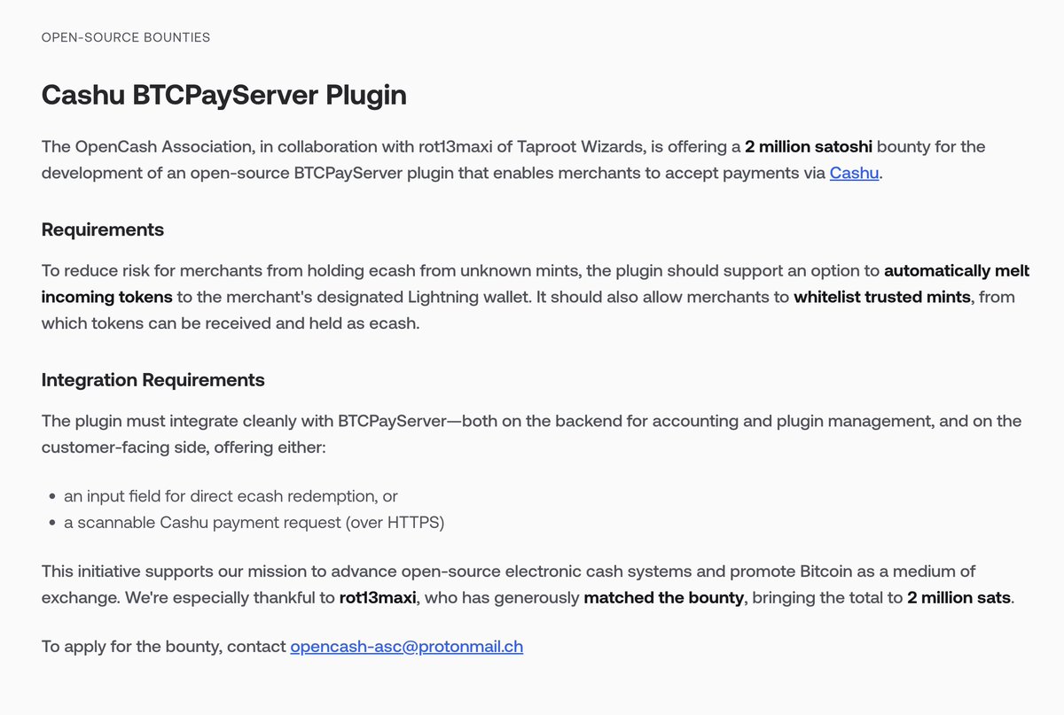 NEW: The OpenCash Association in collaboration with @rot13maxi is  announcing a 2M sats bounty for an open-source @BtcpayServer merchant  plugin for Cashu payments to 