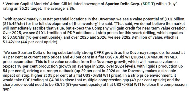 Adam Gill, Ventum Capital Market

$sde.to
- pt $5.25
- Buy
- ~ 600 potential locations in the Duvernay, he sees a potential $3.3B ($16.45/share) for full development of the inventory