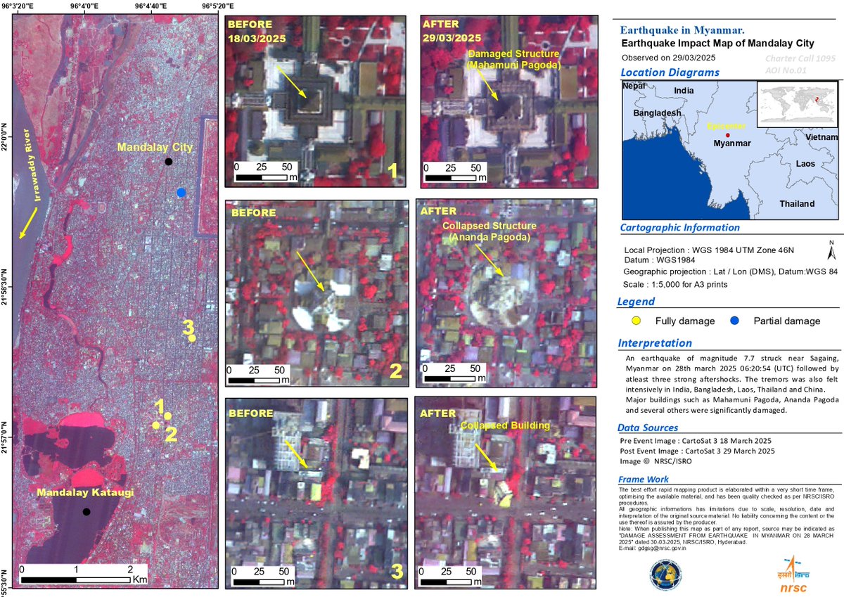 TheSpacePirateX's tweet photo. Satellite images from #ISRO's #Cartosat3 reveal the devastating impact of the March 28, 2025 earthquake in #Myanmar. The high-resolution imagery provides crucial insights for disaster assessment and relief efforts.

#Earthquake #MyanmarEarthquake #DisasterResponse https://t.co/VNxvMYStwl