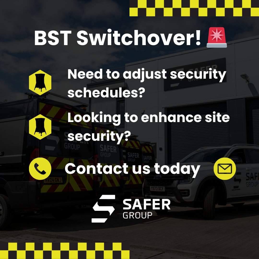 SaferGroup_'s tweet image. This weekend our clocks moved forward, marking the start of British Summer Time! ☀️ 

⚫Need to adjust your security schedules? 
⚫ Looking to enhance site security for the season? 

We’re here to help! Get in touch today! ⬇️

ow.ly/7zZb50VrrEC

#BSTSwitchover #SiteSecurity