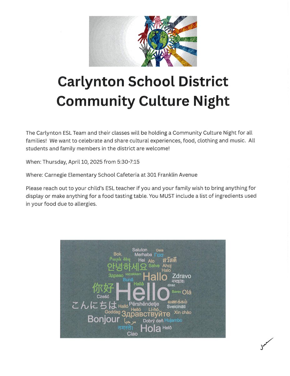 Experience the World at Carlynton School District's Community Cultural Night!
Date: April 10, 2025
Location: Carnegie Elementary  
Time: 5:30-7:15 
Enjoy a night filled with music &amp; food from cultures around the world, all brought to life by our students, families &amp; community!