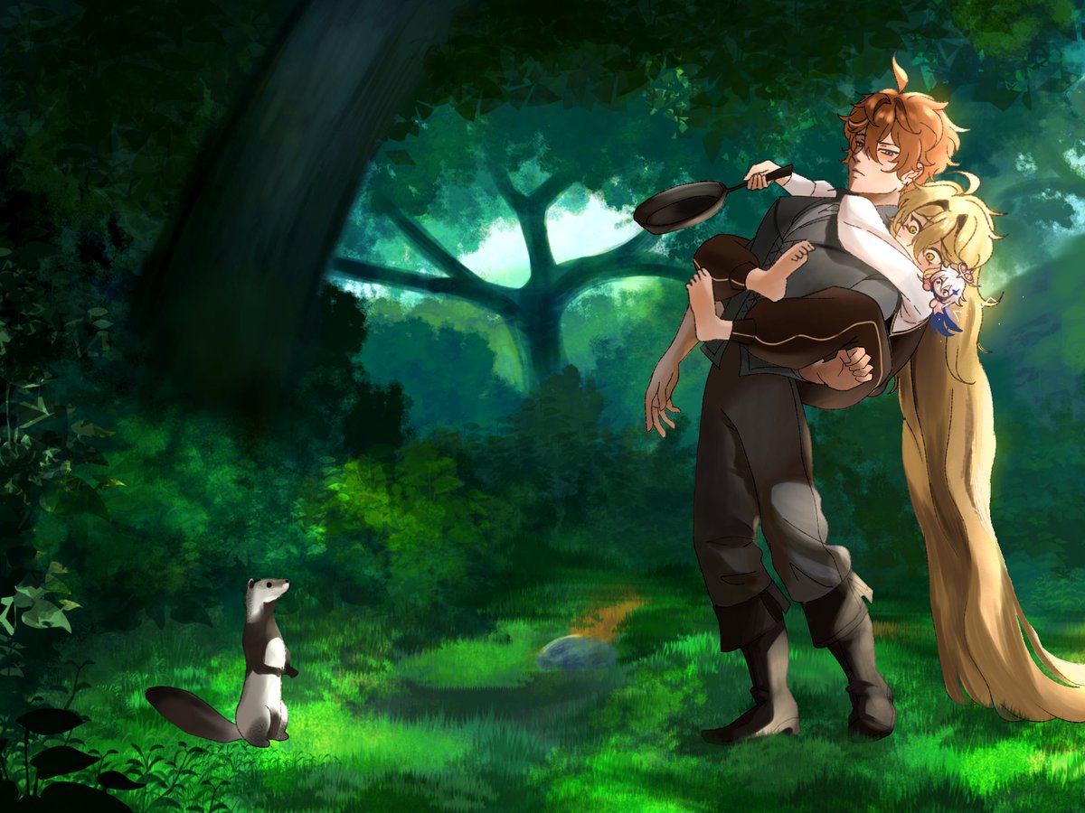 #childe and #aether in Rapunzel au🌻(i want to draw just silly scenes lol)
#GenshinImpact  #TaruSora #art