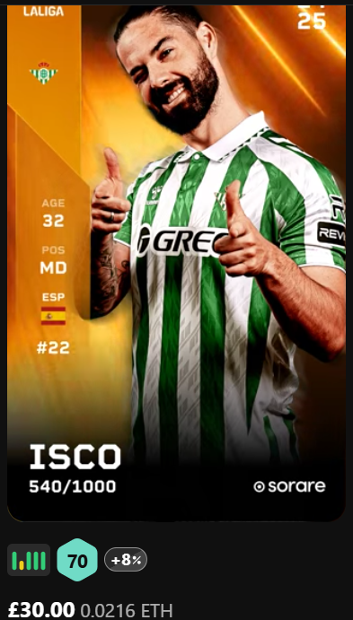 FFRyan123's tweet photo. Selling my celebration edition Isco if anyone's interested! #sorare https://t.co/iTsX3ylosN