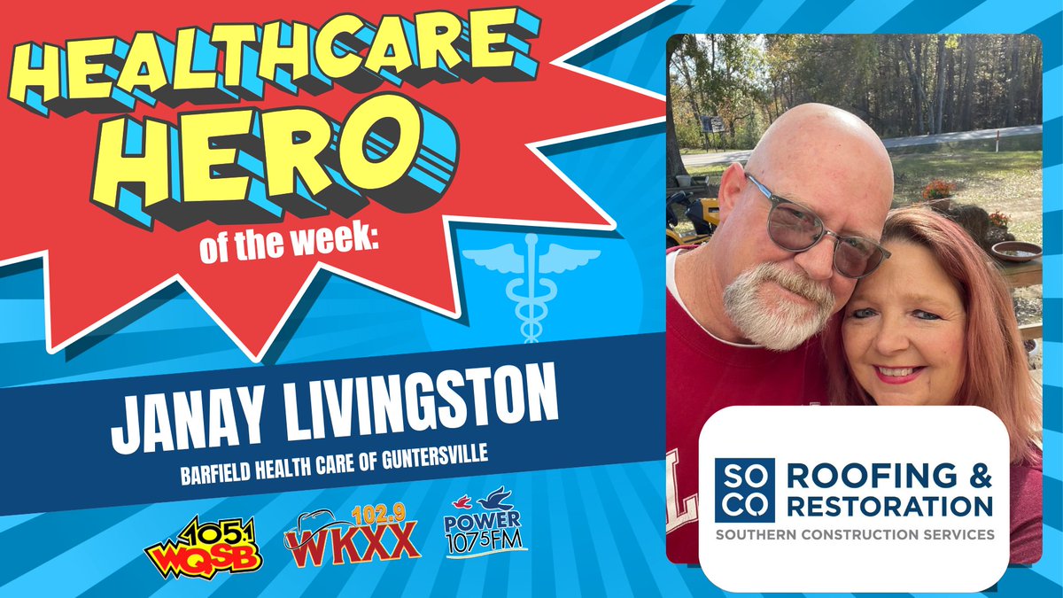 Big shoutout to Janay Livingston, this week’s WQSB Health Care Hero! 🎉 Janay is a Nurse at Barfield Health Care in Guntersville. She is receiving $100 thanks to WQSB &amp; So-Co Roofing &amp; Restoration! 💙 Nominate a hero at wqsb.com!