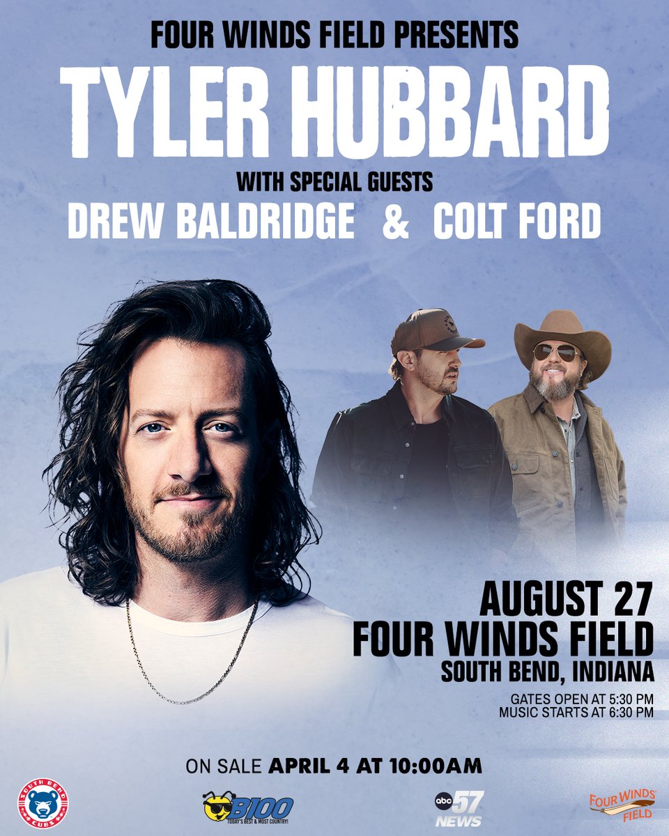 South Bend Cubs (@sbcubs) on Twitter photo BREAKING NEWS: 22x No. 1 country hitmaker <a href="/tylerhubbard/">Tyler Hubbard</a> will bring his high-energy show to <a href="/FourWindsField/">Four Winds Field</a> on August 27 with special guests <a href="/DrewRBaldridge/">Drew Baldridge</a> & <a href="/coltford/">Colt Ford</a>.
Tickets on sale Friday, April 4, at 10am ET. Plus there is a 72-hour flash sale with 10% off all price levels BREAKING NEWS: 22x No. 1 country hitmaker <a href="/tylerhubbard/">Tyler Hubbard</a> will bring his high-energy show to <a href="/FourWindsField/">Four Winds Field</a> on August 27 with special guests <a href="/DrewRBaldridge/">Drew Baldridge</a> & <a href="/coltford/">Colt Ford</a>.
Tickets on sale Friday, April 4, at 10am ET. Plus there is a 72-hour flash sale with 10% off all price levels