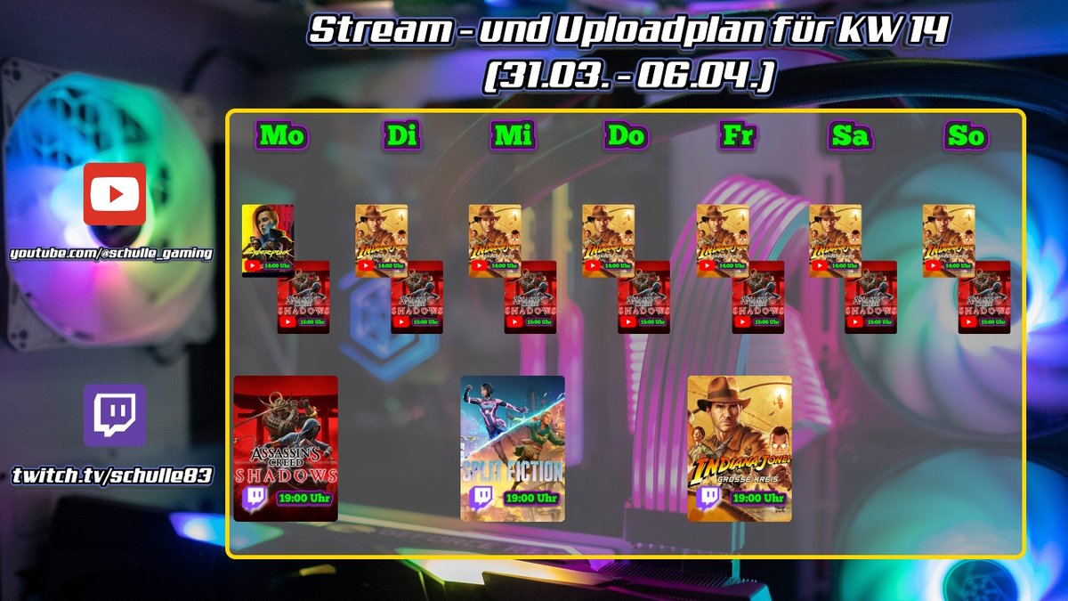 Hallo Freunde der Sonne, hier ist mein Stream- und Uploadplan. 

Von #Cyberpunk2077  kommt heute die letzte Folge, danach geht es mit #indianajones  weiter. 

Und Mittwoch geht es weiter in #splitfictionengame 

#twitch #YouTube