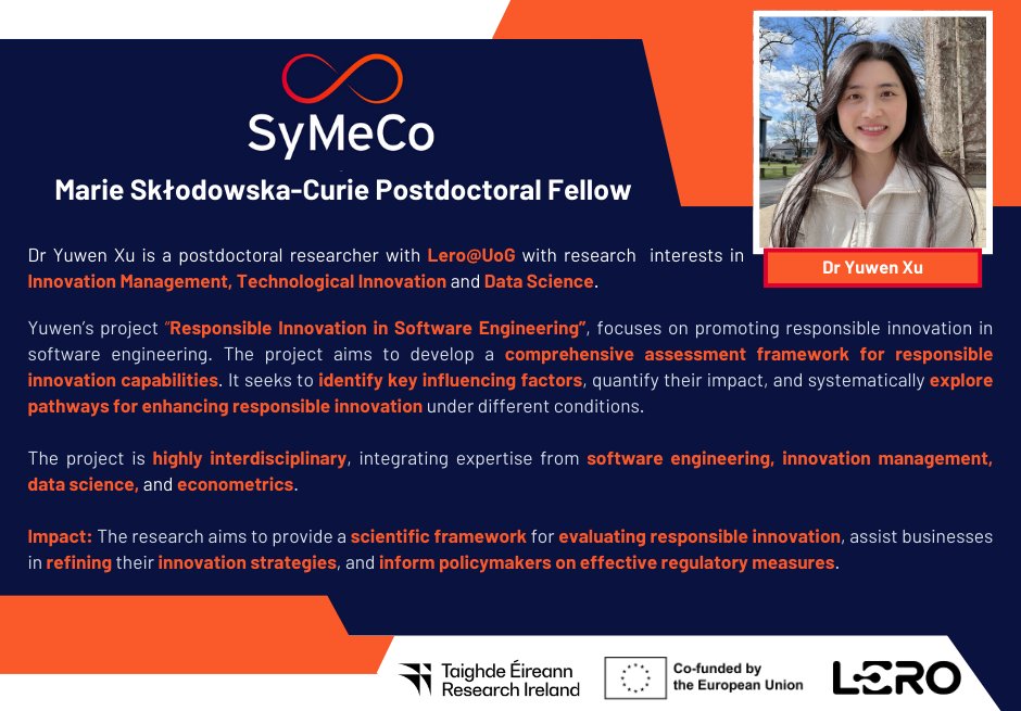 SyMeCo Fellowships (@symecocofund) on Twitter photo 💫Meet our #SyMeCoCOFUND fellow Yuwen Xu <a href="/LeroCentre/">Lero</a> <a href="/Galway_Research/">University of Galway Research & Innovation</a> <a href="/Researchirel/">Research Ireland</a> <a href="/HorizonEU/">Horizon Europe 🇪🇺</a> <a href="/MSCActions/">Marie Skłodowska-Curie Actions</a>.
Check out📷symeco.lero.ie for info on SyMeCo fellowships.
#ResponsibleSoftwareEngineering 💫Meet our #SyMeCoCOFUND fellow Yuwen Xu <a href="/LeroCentre/">Lero</a> <a href="/Galway_Research/">University of Galway Research & Innovation</a> <a href="/Researchirel/">Research Ireland</a> <a href="/HorizonEU/">Horizon Europe 🇪🇺</a> <a href="/MSCActions/">Marie Skłodowska-Curie Actions</a>.
Check out📷symeco.lero.ie for info on SyMeCo fellowships.
#ResponsibleSoftwareEngineering