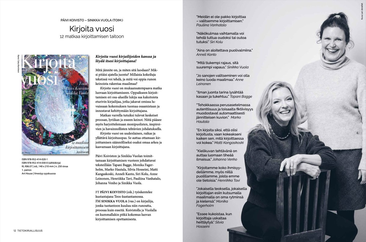 SinikkaVuola's tweet photo. Vihdoinkin tästä saa huudella! ❤️ Syyskuussa Art House julkaisee kirjoitusoppaan Kirjoita vuosi, johon minä ja Päivi Koivisto olemme koonneet huippuporukan: kaikki ovat  sekä kirjailijoita että kirjoittamisen opettajia. Aloittelijoille &amp; konkareille! 🔥

https://t.co/FXi6SEwhhr https://t.co/Qx23tyS6Ew
