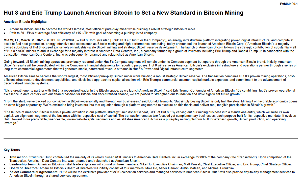 🚨 Trump Family Launching Bitcoin Mining Venture with Hut8. Hut Transfers  all Bitcoin ASICS to 
