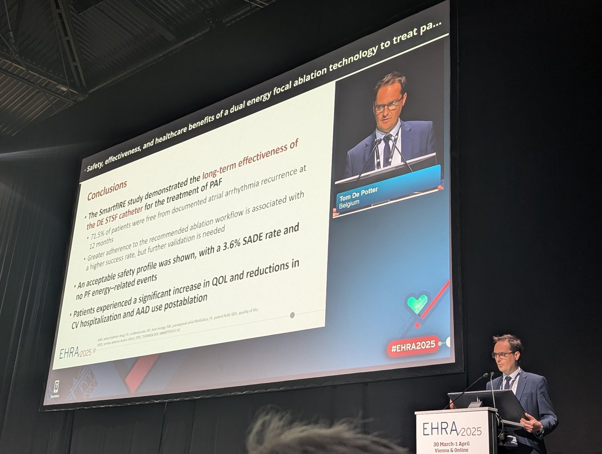 Cardiac Rhythm News (@crn_publishing) on Twitter photo The dual-energy STSF catheter demonstrates long-term effectiveness and an acceptable safety profile when ablating patients with paroxysmal AF, as per <a href="/tomdepotter/">Tom De Potter</a>'s presentation of findings from the SmartfIRE trial
#EHRA25 <a href="/JNJNews/">Johnson & Johnson</a> <a href="/JNJMedTech/">Johnson & Johnson MedTech</a> <a href="/jjmt_ep/">Johnson & Johnson MedTech | Electrophysiology</a> The dual-energy STSF catheter demonstrates long-term effectiveness and an acceptable safety profile when ablating patients with paroxysmal AF, as per <a href="/tomdepotter/">Tom De Potter</a>'s presentation of findings from the SmartfIRE trial
#EHRA25 <a href="/JNJNews/">Johnson & Johnson</a> <a href="/JNJMedTech/">Johnson & Johnson MedTech</a> <a href="/jjmt_ep/">Johnson & Johnson MedTech | Electrophysiology</a>