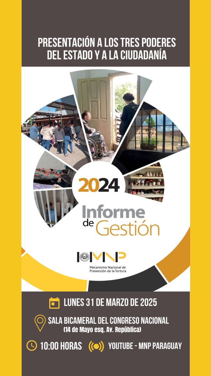 📝Lunes 31/03/25
🗞 El #MNP invita a la Presentación de su Informe Anual de Gestión 2024, a los tres poderes del Estado y la ciudadanía.
 <a href="/SenadoresPy/">SenadoPy</a> 
📍Sala Bicameral del Gongreso Nacional.
🕙10:00 Hs. #MNP