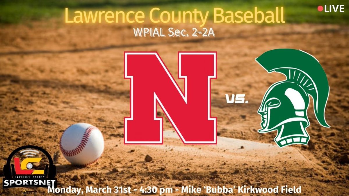 Lawrence County SportsNet (@lcsportsnet) on Twitter photo #WPIAL Baseball - Sec. 2-2A
Laurel Spartans (1-1,2-2)
Neshannock Lancers (0-0,3-0)
⚾️<a href="/NHS_LANCERS/">NESHANNOCK HS BASEBALL</a> #LaurelSpartans
📍Kirkwood Field
🕰430p (NEW TIME)‼️
🎥Watch LIVE on LCSN Powered by <a href="/LawCountyCAP/">Lawrence County Community Action Partnership</a>
📱Also on FB Live / X / <a href="/TribLiveHSSN/">TribLive HSSN</a>
🎙<a href="/3SNdot/">James !!!!!! Dotson</a> <a href="/LeeBobSports/">Lee Mohn</a> #WPIAL Baseball - Sec. 2-2A
Laurel Spartans (1-1,2-2)
Neshannock Lancers (0-0,3-0)
⚾️<a href="/NHS_LANCERS/">NESHANNOCK HS BASEBALL</a> #LaurelSpartans
📍Kirkwood Field
🕰430p (NEW TIME)‼️
🎥Watch LIVE on LCSN Powered by <a href="/LawCountyCAP/">Lawrence County Community Action Partnership</a>
📱Also on FB Live / X / <a href="/TribLiveHSSN/">TribLive HSSN</a>
🎙<a href="/3SNdot/">James !!!!!! Dotson</a> <a href="/LeeBobSports/">Lee Mohn</a>