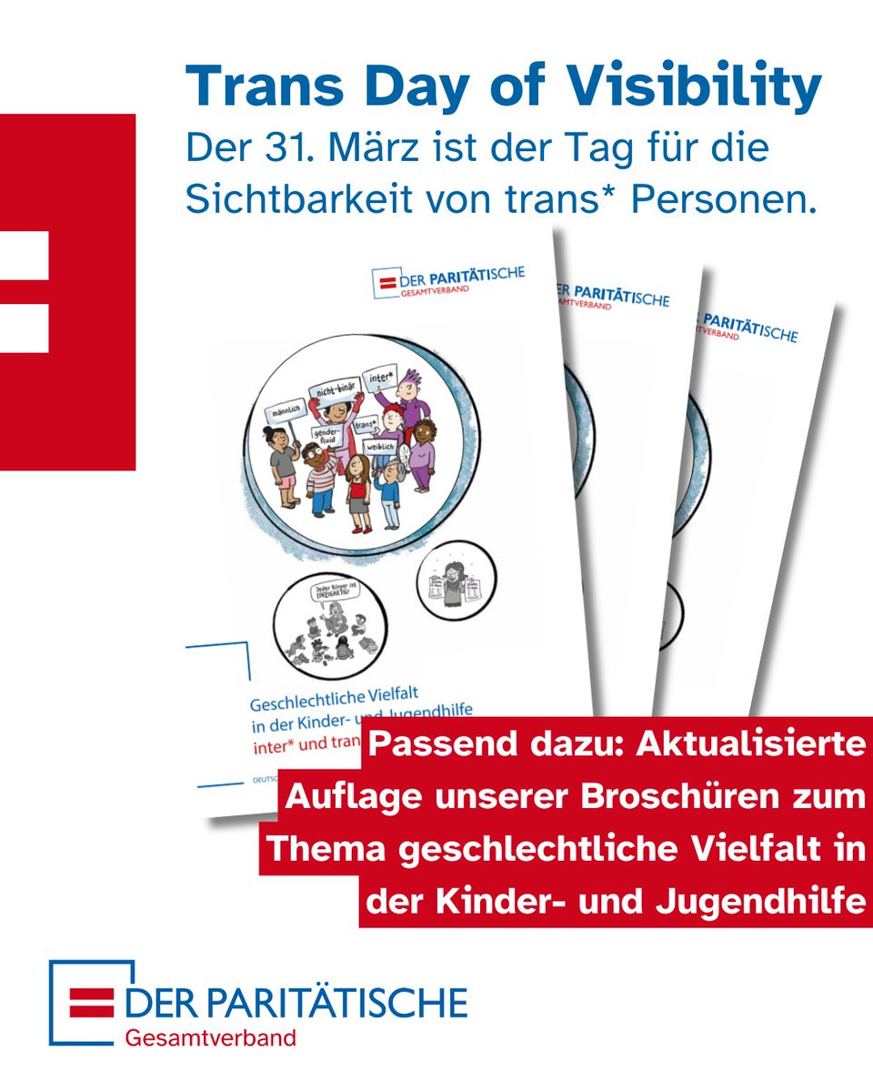 🏳️‍⚧️ Der 31. März ist der Trans Day of Visibility. Für die Praxis in der Sozialen Arbeit haben wir zu diesem Anlass eine aktualisierte Version unserer Broschüren zu geschlechtlicher Vielfalt in der Kinder- und Jugendhilfe veröffentlicht:
👉 der-paritaetische.de/alle-meldungen…