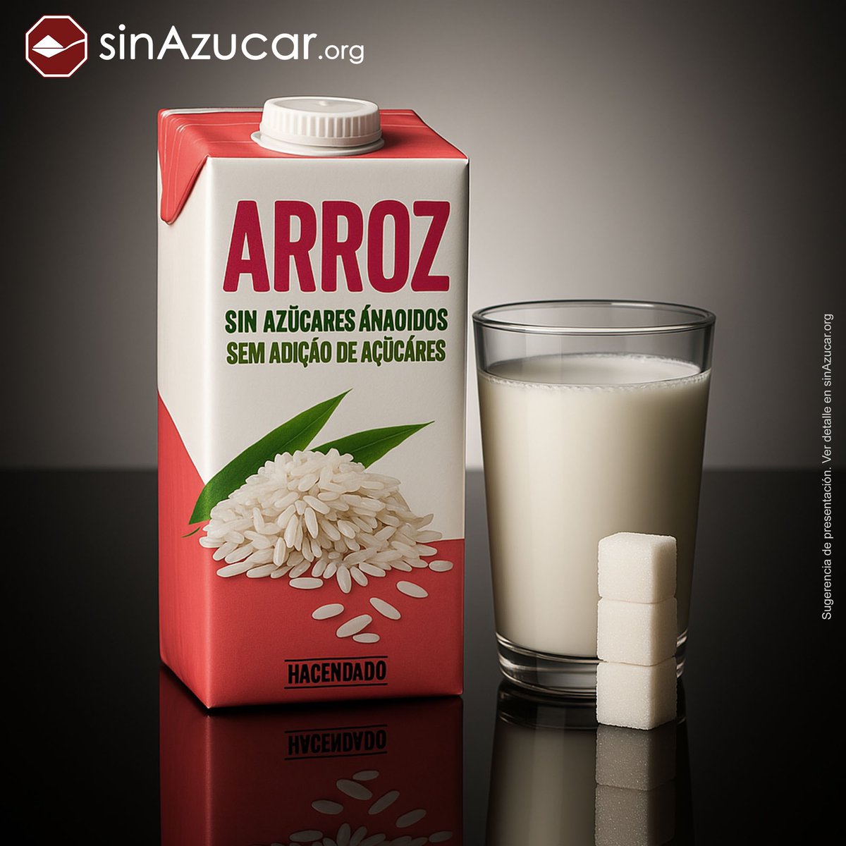 Un vaso de bebida de arroz de hacendado contiene 16 g de azúcar equivalente a 3 terrones.