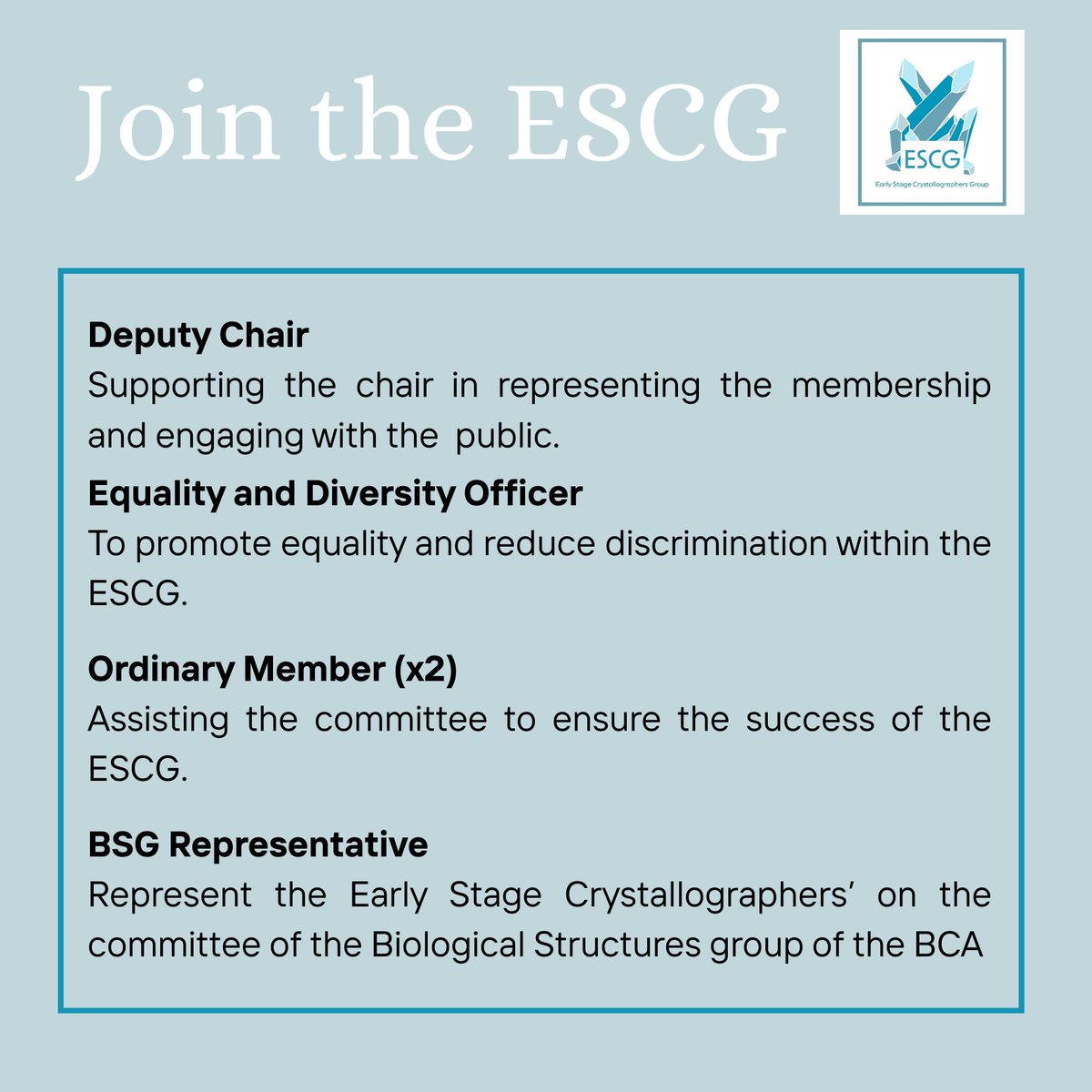 ESCG (@escg_bca) on Twitter photo Want to get more involved with the ESCG? Our AGM will be held during our satellite meeting on 14th April and there's committee roles up for grabs! Nominate yourself here: tinyurl.com/ESCGnominate ⬅️📷 Want to get more involved with the ESCG? Our AGM will be held during our satellite meeting on 14th April and there's committee roles up for grabs! Nominate yourself here: tinyurl.com/ESCGnominate ⬅️📷